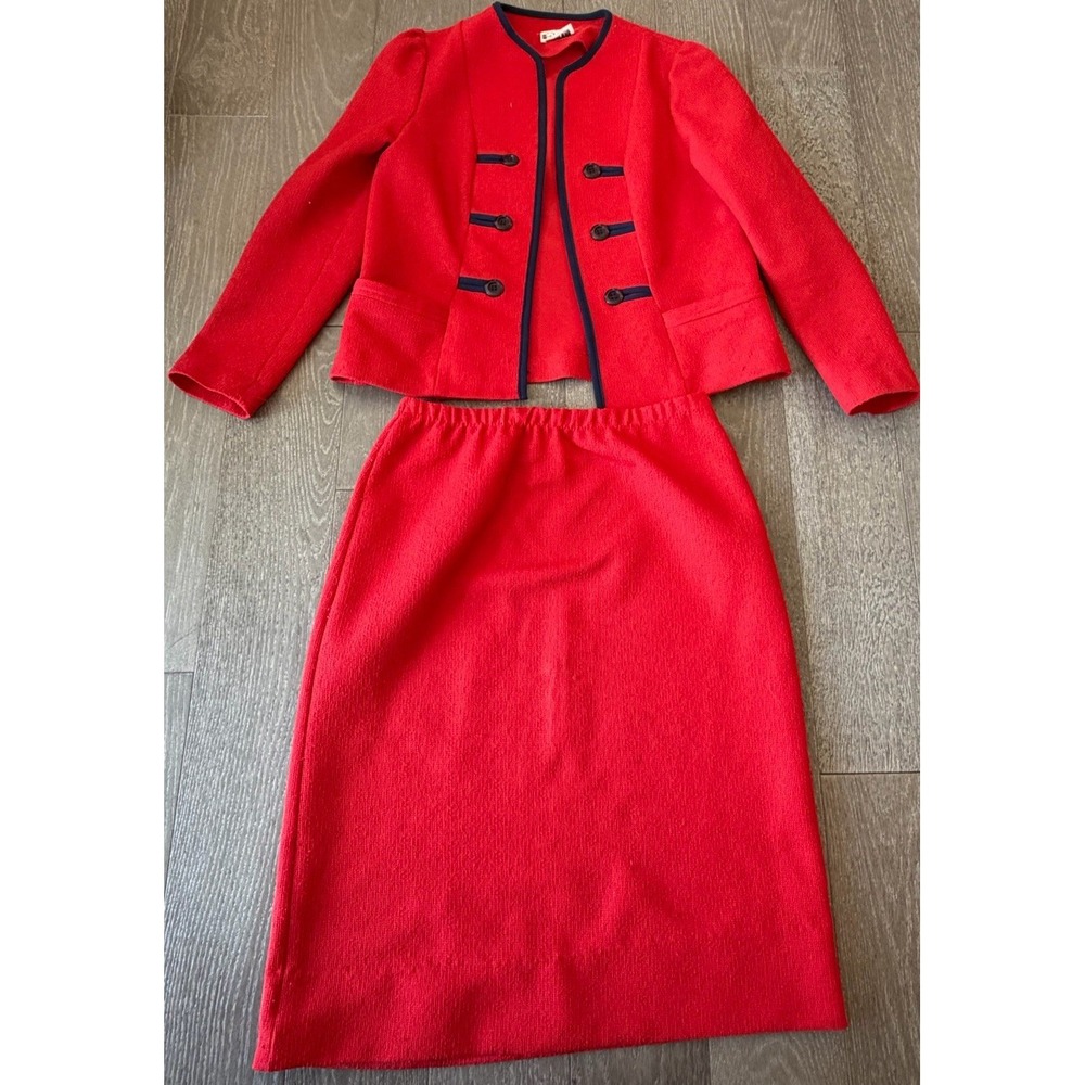 Vintage 70s Marty Guttmacher Red Skirt Suit Set Navy Trim USA Mod